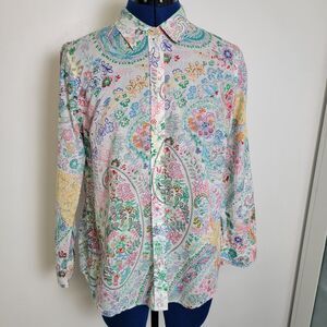 Talbots Petites White w/Flowers Paisley 100% Cotton Long Sleeve Button Shirt Mp